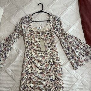 Vici Brown and Cream Ruched Bodycon Dress with Bell Sleeves